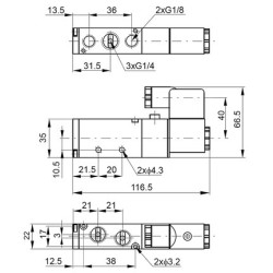 Elektrozawór 5/2 G1/4, 12V DC, monostabilny - PNEUER