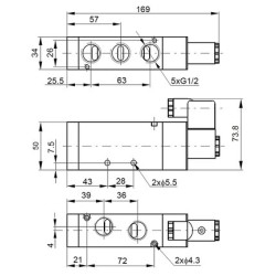 Elektrozawór 5/2 G1/2, 12V DC, monostabilny - PNEUER