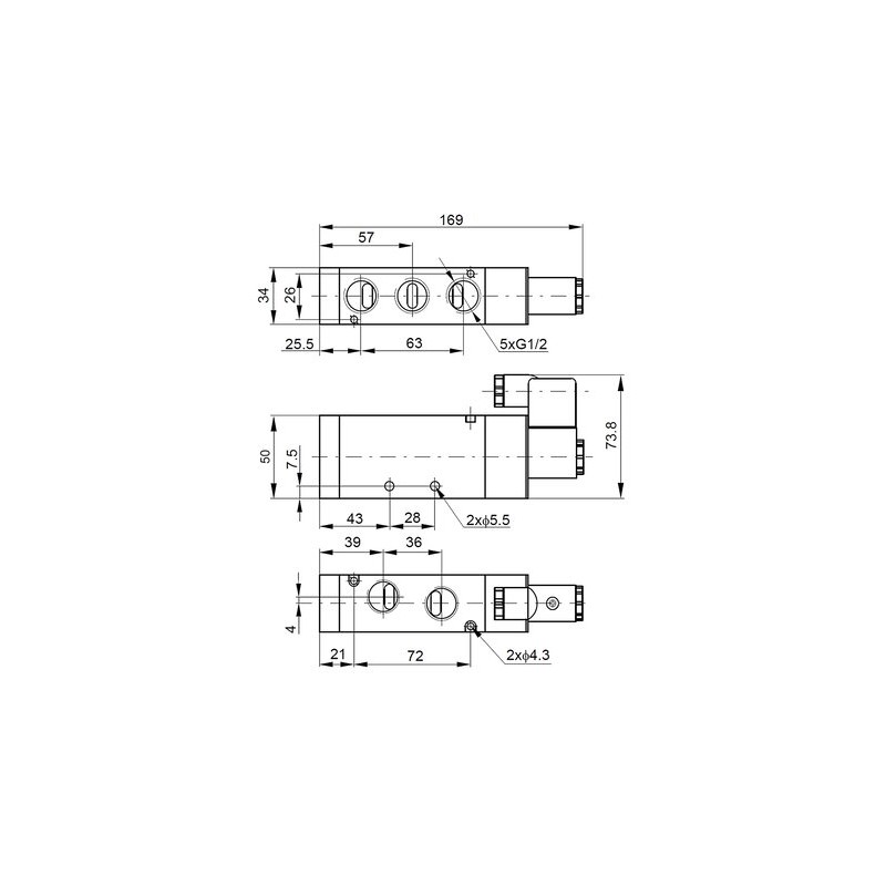 Elektrozawór 5/2 G1/2, 12V DC, monostabilny - PNEUER