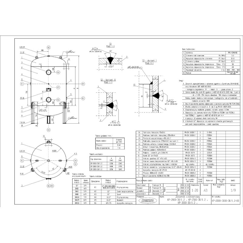 Zbiornik sprężonego powietrza pionowy 3000 litrów, 30 bar - Komnino