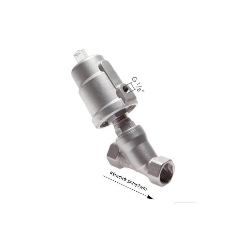 Zawór skośny pneumatyczny 2/2 G 1", siłownik stal nierdzewna, E-mc