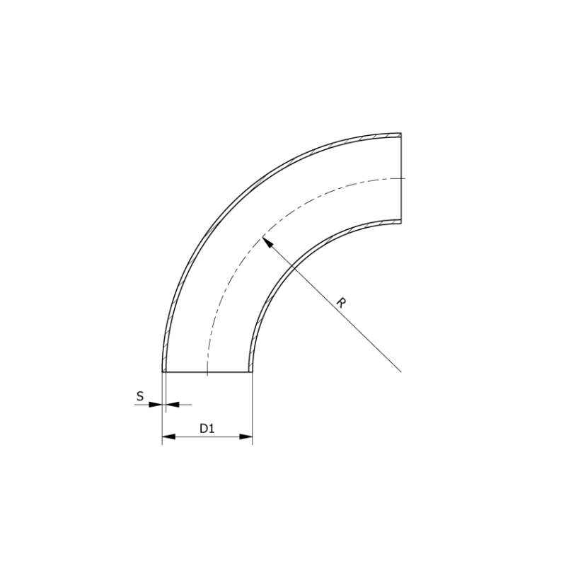 Kolanko 90 53 x 1.5 mm R 125.0, 4307/304L, DIN 11852 BA5 / EN 10374 BS5, R 125, matowy, hartowane