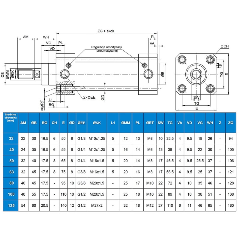 Siłownik ISO15552 D50x1000, wykonanie INOX