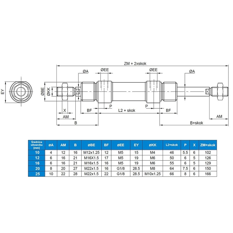 Siłownik ISO6432 D25x0040 z magnesem, dwustronne tłoczysko