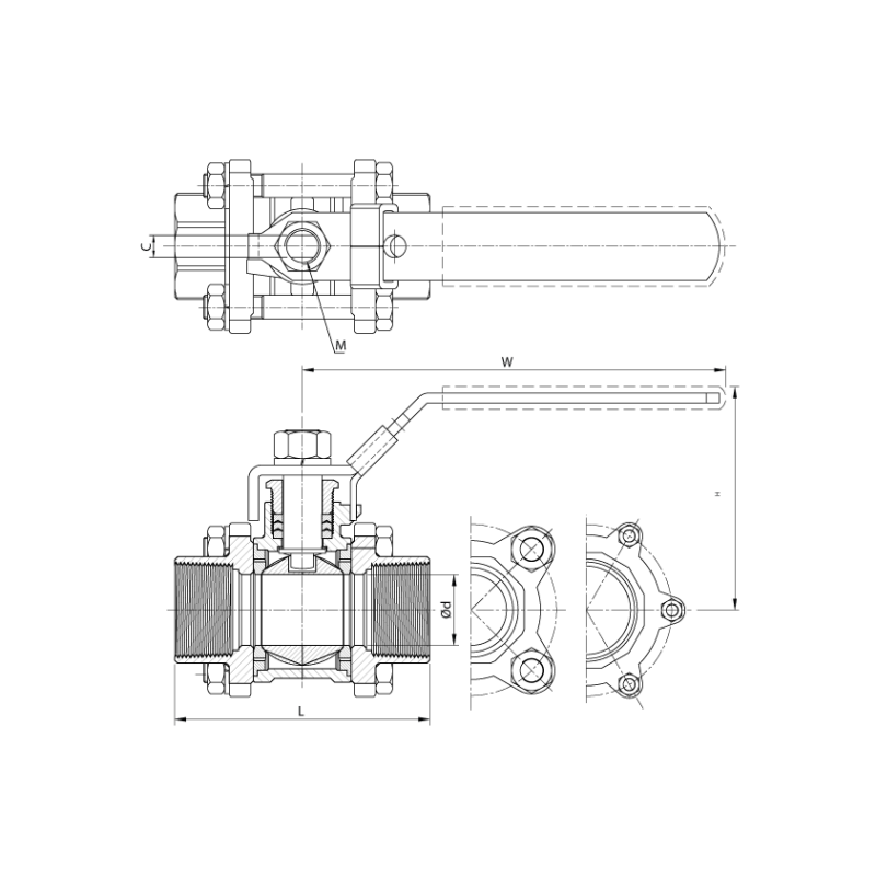 Zawór kulowy 3/8" / DN 10 3-częściowy, przelot pełny, końcówk, 316, PN63, DN 10, GW/GW BSP