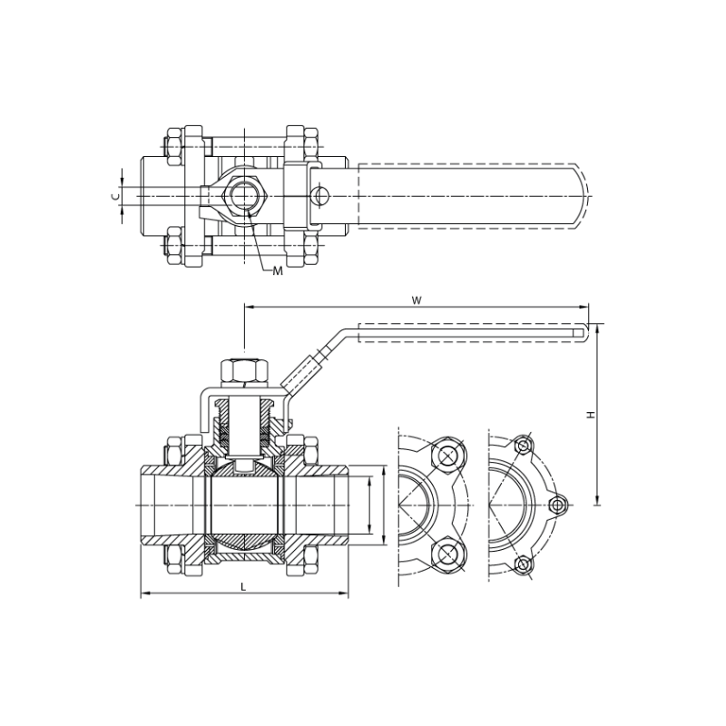 Zawór kulowy 4" / DN 100 3-częściowy, przelot pełny, końce d, 316, PN63, DN 100, do spawania