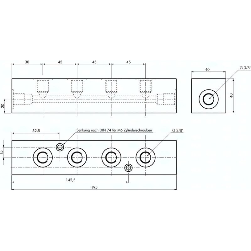 Listwa rozdzielająca, wysokociśnieniowa, 2xG3/8-4xG3/8