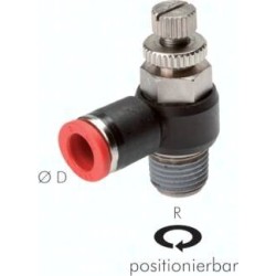 Zawór dławiąco-zwrotny kątowy wtykowy R 1/4"-12, dławienie na dopływie