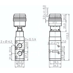 Zawór mechaniczny 5/2 G1/4 (odpowietrzenia G1/8), przycisk kryty czarny