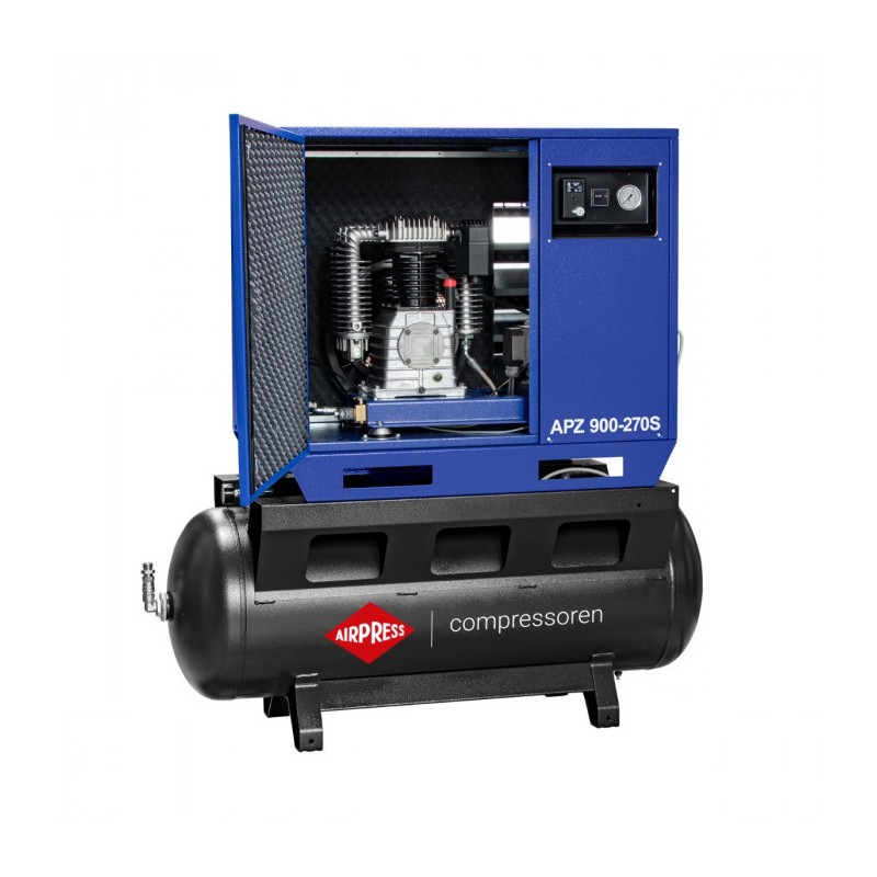 Cichy kompresor dwutłokowy APZ 900-270S 10 bar 7.5 KM/5.5 kW 611 l/min 270 l - połączenie gwiazda-trójkąt
