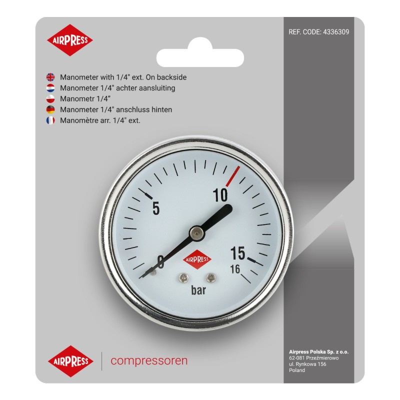 Manometr 63 mm 1/4" 0-16 bar - przyłącze tylne