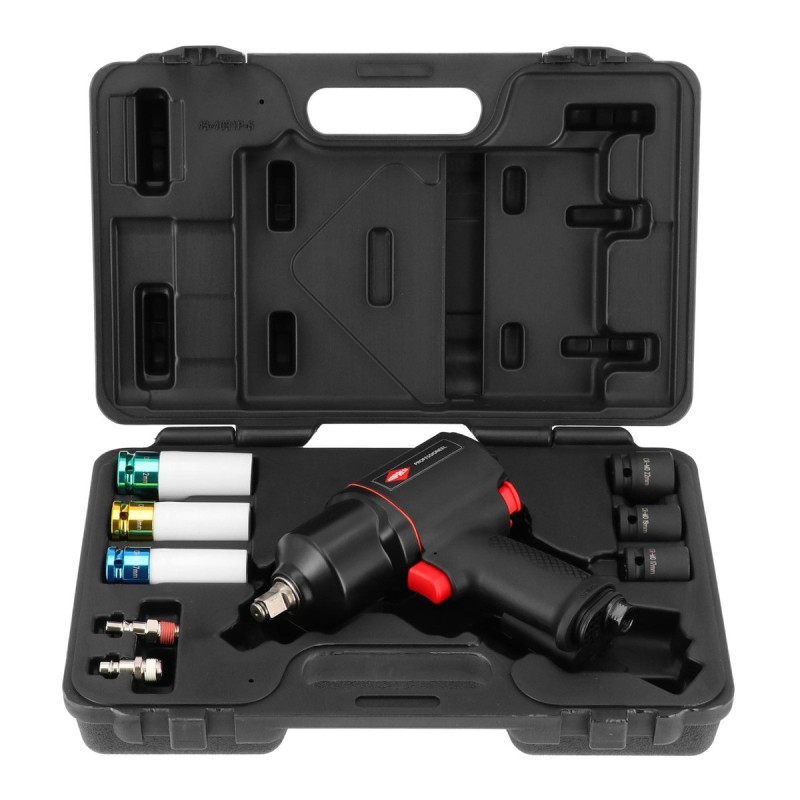 Klucz udarowy pneumatyczny 1/2" + 3 nasadki udarowe + 3 nasadki do felg aluminiowych - zestaw wulkanizatora