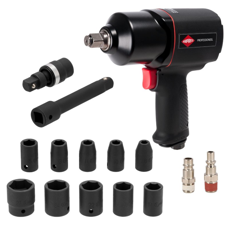 Klucz udarowy pneumatyczny 1/2" + nasadki udarowe (10 sztuk) - zestaw mechanika