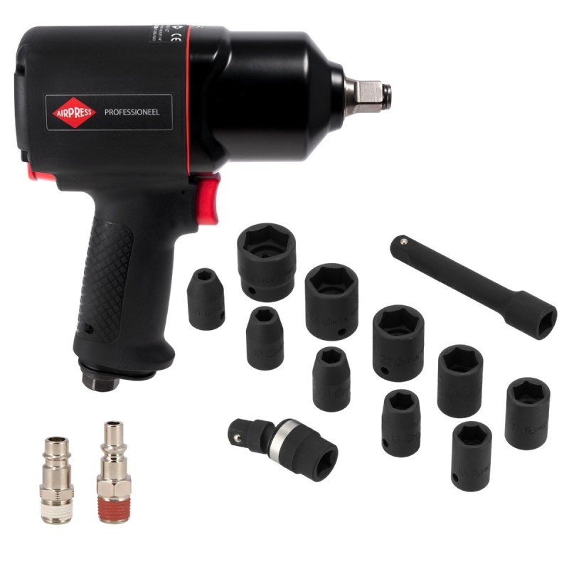 Klucz udarowy pneumatyczny 1/2" + nasadki udarowe (10 sztuk) - zestaw mechanika